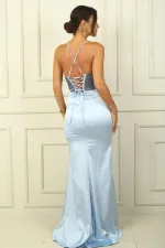 Strapless Lace-Up Back Underwire Lined Sequined Transparent Satin Long Dress
