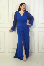 Women's Wrap Neckline, Draped Front, Beaded and Sequin Detail, Feathered Tulle Sleeves, Lined, Plus Size Sandy Long Evening Dress