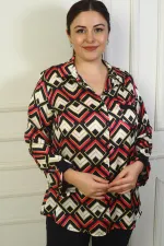Women's Single Pocket Geometric Pattern Plus Size Satin Shirt