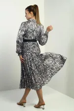 Women's Half-Front Button-Down Belted Lined Snake Pattern Pleated Midi Satin Dress