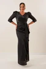 Truvakar Kol Önü Volanlı Astarlı Simli Büyük Beden Uzun Elbise