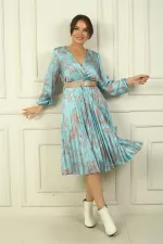 Women's Double-Breasted Waist Belted Lined Floral Pleated Satin Dress