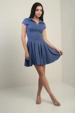 Kadın Polo Yaka Ay Kollu Likralı Kloş Kısa Elbise