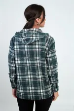 Chemise à capuche pour femme, motif à carreaux, poches à boutons métalliques