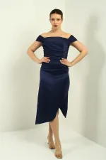 Women's Madonna Neckline Draped Asymmetrical Satin Short Dress