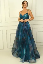 Kadın İp Askılı Arkası Bağcıklı Önü Drapeli Çiçekli Organze Uzun Elbise