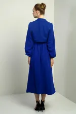 Women's Button-Down Detachable Vest, Elastic Waist, Long-Sleeved Midi Dress