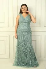 Women's Plus Size Long Dress with Tasseled Shoulders, Lined, and Embellished with Beads and Stones