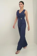 Women's Front and Back V-Neck Top Vest-Look Wide Leg Jumpsuit