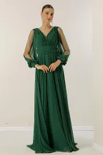 Front Back V Neck Draped Front Sleeves Tulle Lined Wide Body Long Chiffon Dress