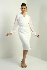 Women's Beaded Wrap Neckline Lined Midi Dress with Belted Waist and Chiffon Sleeves