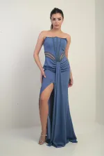 Robe longue bustier pour femme avec détails perlés et doublure transparente à la taille