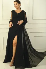V-Neck, Draped Front, Lined, Tulle Guipure Detailed Sleeves, Wide-Size Chiffon Long Dress