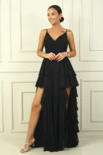 Kadın İp Askılı Yanları Yırtmaçlı Astarlı Volanlı Şifon Uzun Elbise