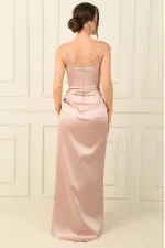 İp Askılı Kruvaze Yaka Beli Pileli astarlı Saten Uzun Abiye Elbise