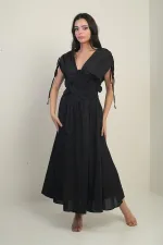 Robe longue pour femme à col en V devant et dos, manches froncées et broderies florales appliquées