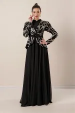 Kolları Büzgülü Güllü KEmer Detaylı Astarlı Üstü Yaldızlı Şifon Elbise