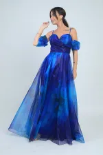 Kadın İnce Askılı takma Kollu Astarlı Çiçekli Organze Uzun Elbise