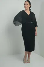 Robe mi-longue en crêpe grande taille pour femme, col en V, drapée, doublée, taille haute