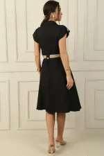 Women's Collared, Off-Shoulder, Double-Pocket, Belted Linen-Effect Dress