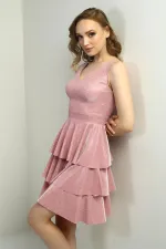 Ön Arka V Yaka Simli Katlı Elbise