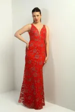 Kadın Kalın Askılı Astarlı Tül Gritter Uzun Abiye Elbise