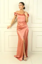 Long satin dress with side ruching and underwire lining.