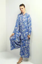 Women's Side Slit Tunic Shirt, Elastic Waist Pocketed Palazzo Pants, Leaf Pattern Oversize 2-Piece Set