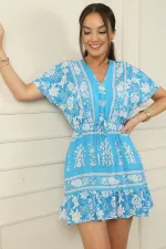 V-Neck Elastic Waist Floral Dress with Flounce Skirt and Pocket