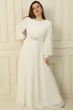 Wrap-neck, belted, lined, plus-size long modest dress.