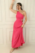 Women's One-Shoulder Long Crepe Satin Dress with Side Window Detail