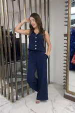 Women's V-Neck Button-Front Blouse, Elastic Waist, Pocketed Palazzo Pants Ayrobin 2-Piece Set