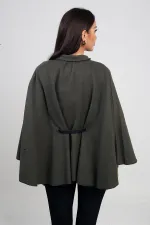 Kadın Düğmeli Beli Kemerli Kaşe Panço