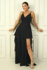 Kadın İp Askılı Yanları Yırtmaçlı Astarlı Volanlı Şifon Uzun Elbise