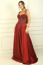 Strappy, Beaded and Sequined, Underwired, Transparent Lined Satin Long Evening Dress