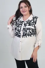Chemise grande taille pour femme avec manches retroussables, motif brossé et rabats de poche