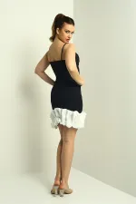 Women's Strappy Lined Skirt Satin Draped Short Crepe Dress