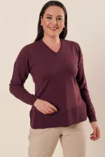 Plus Size Acrylic Sweater with V-Neck Sleeves and Side Slits
