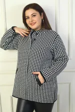 Women's Snap Front Pockets Leather Detail Houndstooth Plus Size Acrylic Cardigan