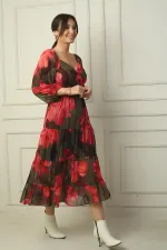 Madonna Neckline Lined Cross-Tie Floral Wrap Chiffon Dress