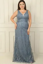 Kadın Ön Arka V Yaka Astarlı Boncuk Detaylı Büyük Beden Pulpayet Uzun Elbise