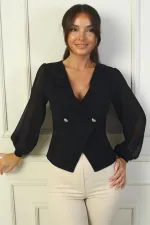 Long Chiffon Blouse with Rose Detail on Collar