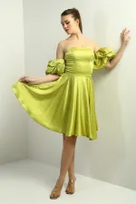 Kadın Straplez Karpuz Takma Kollu Astarlı Kısa Kloş Krep Saten Elbise