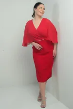 Women's V-Neck Chiffon Draped Lined Plus Size Crepe Midi Dress with Embellished Waist
