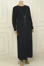 Robe longue en crêpe grande taille pour femme, avec poignets zippés, taille à boucle et ornements en pierre