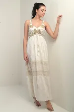 Women's Strappy V-Neck Backless Lined Shimmering Shawl Patterned Pocketed Flush Jacquard Dress