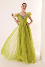Front Back V Neck Rope Straps Low Sleeves Front Stone Detailed Lined Long Tulle Dress