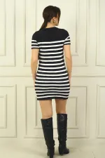 Women's Striped Soft Short Dress with Button Detail at Front