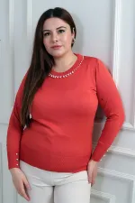 Kadın Kol Ve Yaka İnci Detaylı Büyük Beden Soğuk İplik Triko Bluz
