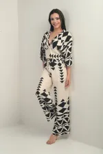 Women's Front Back V Neck Crop Blouse Elastic Waist Palazzo Pants with Pockets Triangle Pattern 2-Piece Set